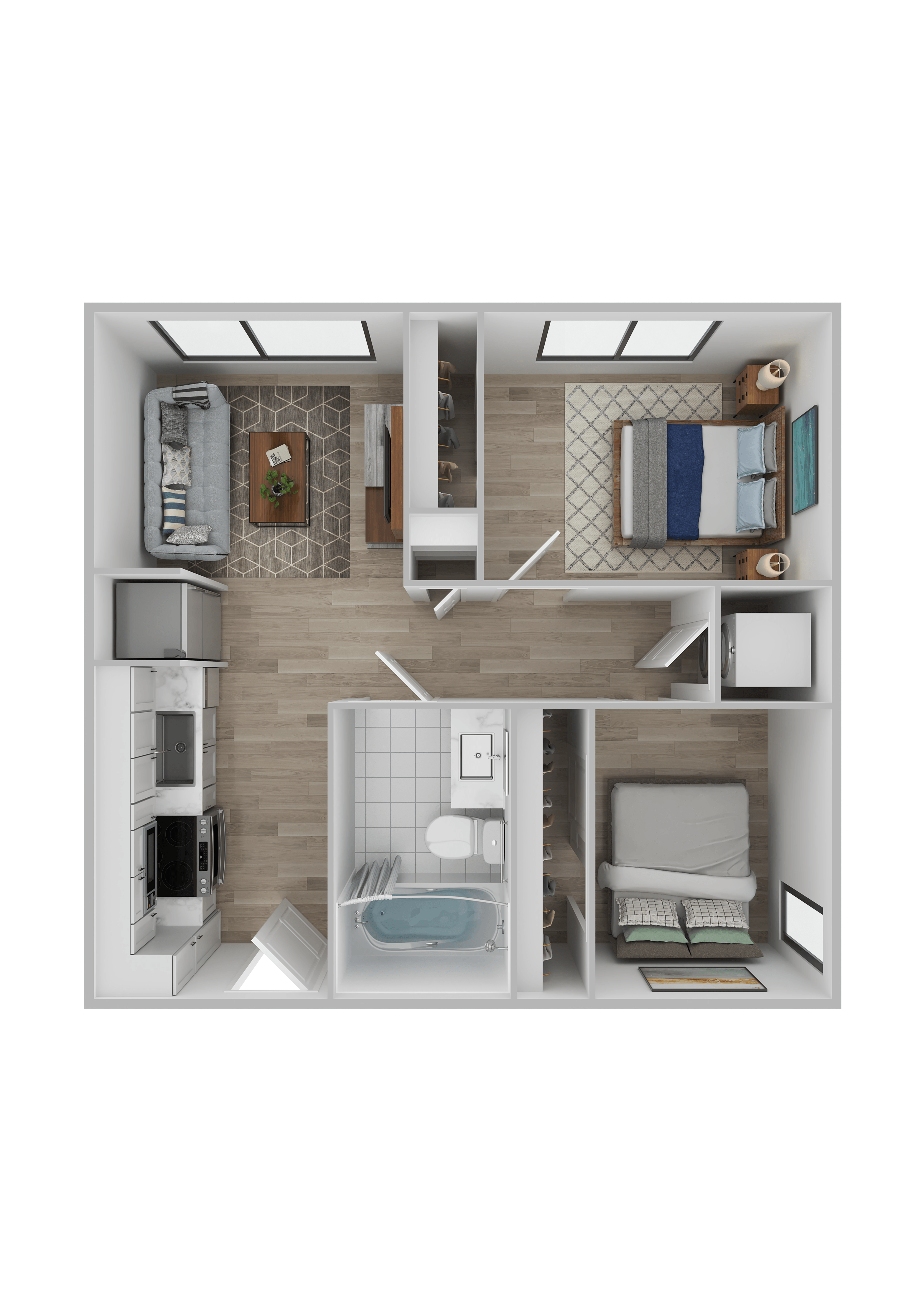Floor plan for 2 beds, 1 bath, 555 sqft